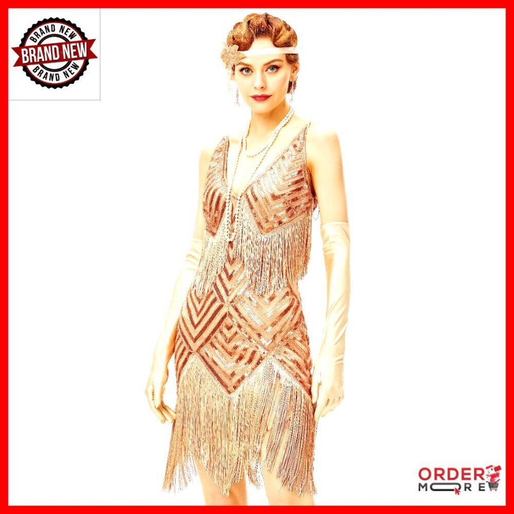 1920s Flapper Dress V-Neck Midi Sequined Fringe Gatsby Party Costume